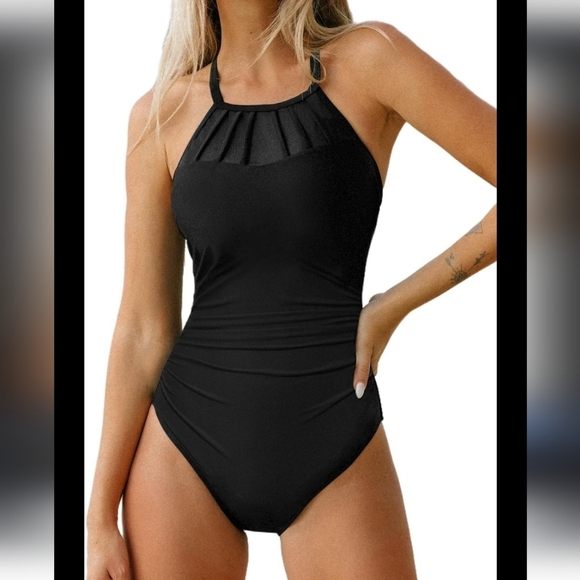 Holipick One Piece Swimsuit Bathing Suit Black Mesh Cutouts High Neck See Throug - Picture 2 of 16